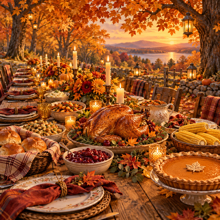 A harvest table set under autumn trees