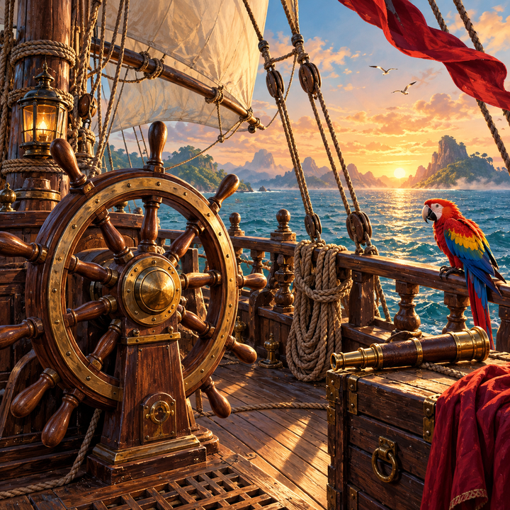 The deck of a pirate ship at dawn with a ship wheel and a parrot